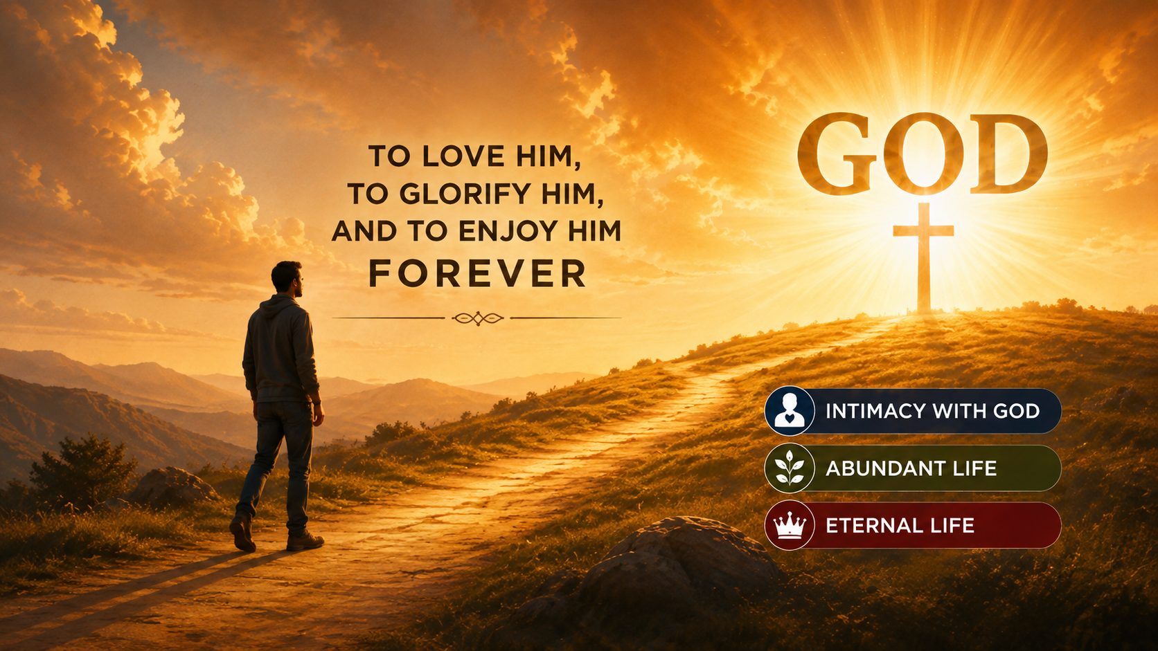 A man walking toward God, showing that we were created to love Him, glorify Him, enjoy Him forever, and experience intimacy with God, abundant life, and eternal life.