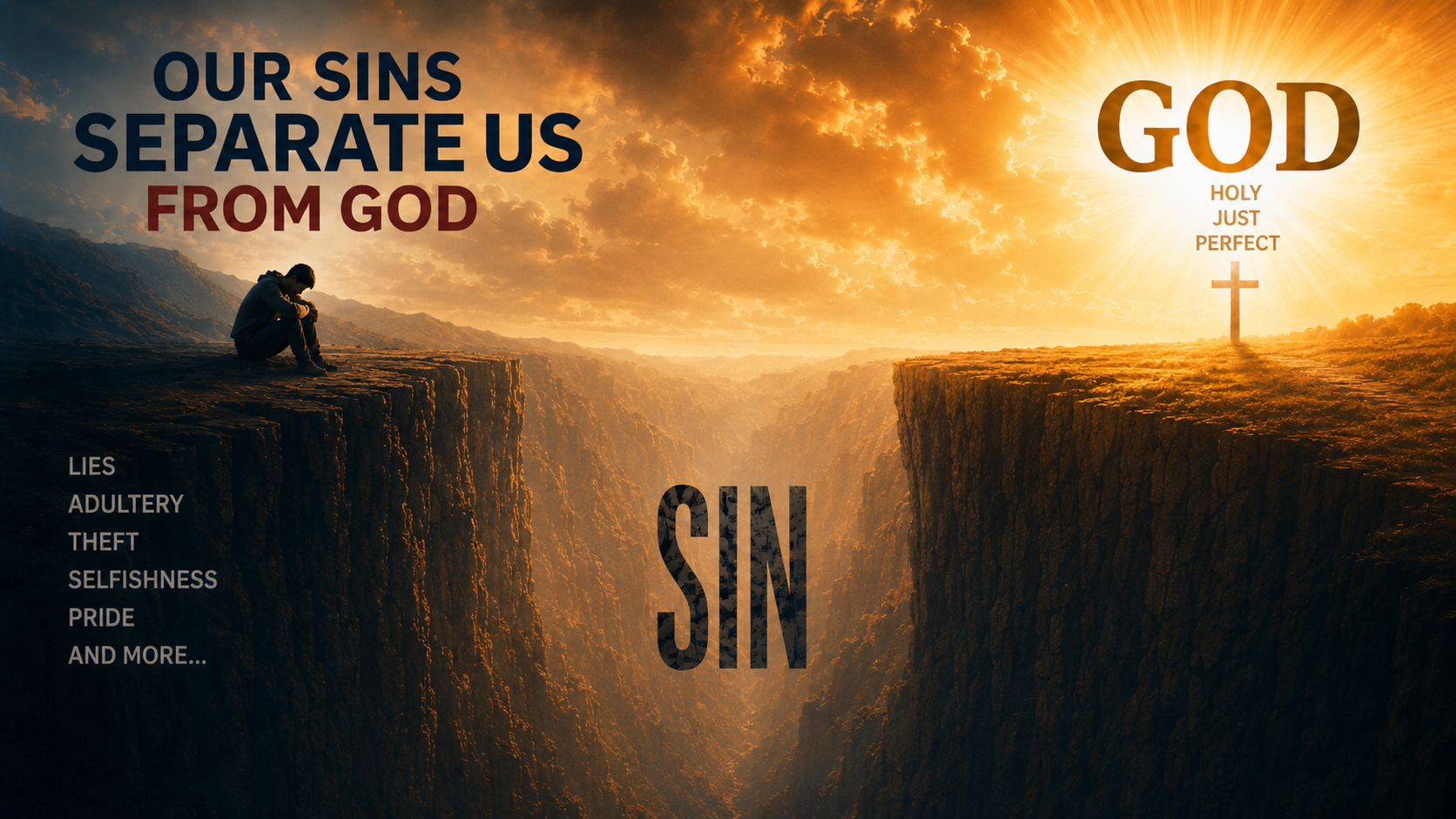 A Gospel diagram showing a person separated from God by a chasm labeled sin.