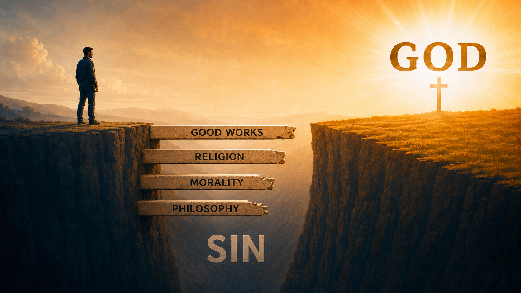 A Gospel diagram showing good works, religion, morality, and philosophy failing to bridge the gap between man and God.