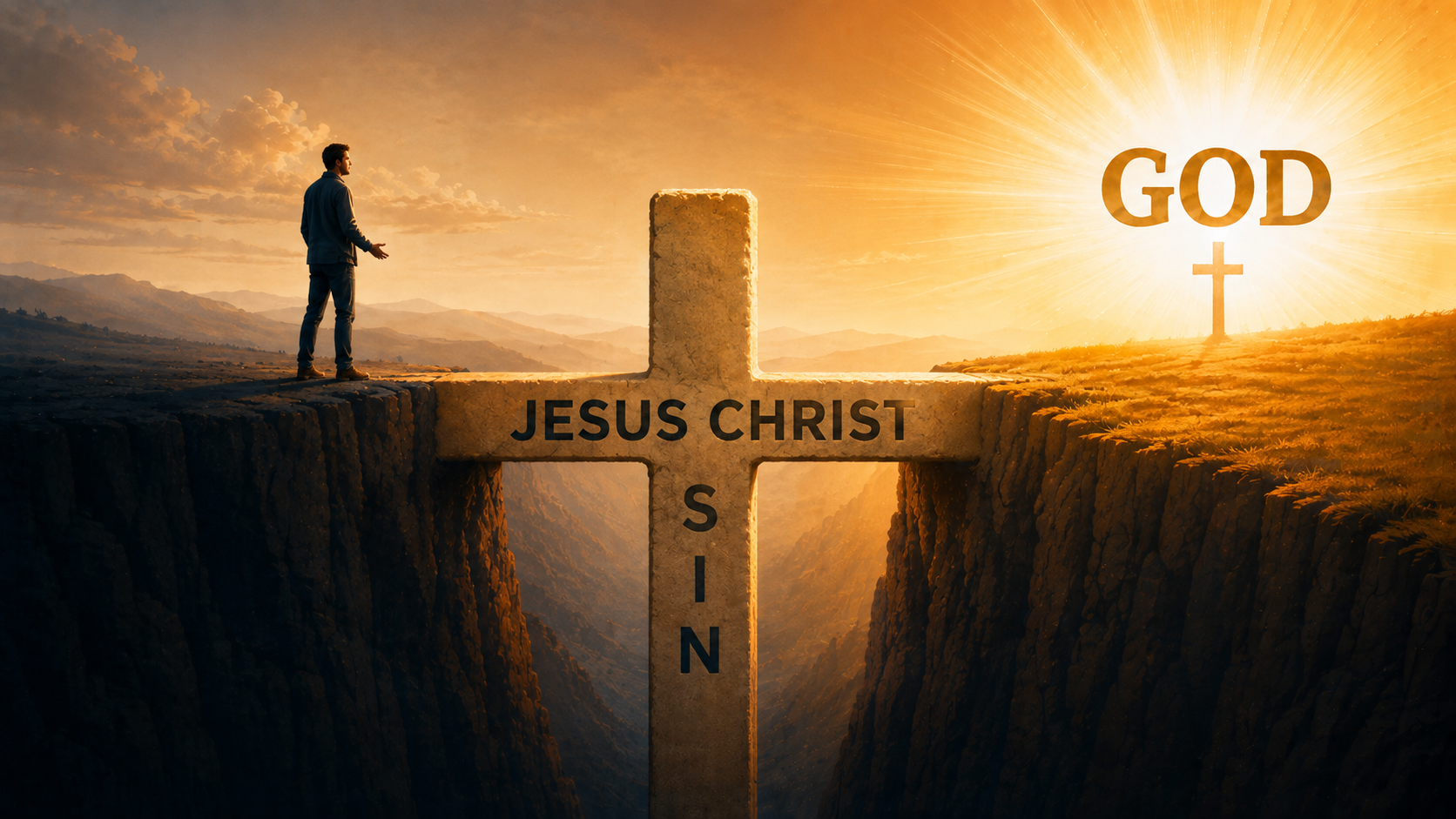 A Gospel diagram showing Jesus Christ bridging the gap between sinful man and God.