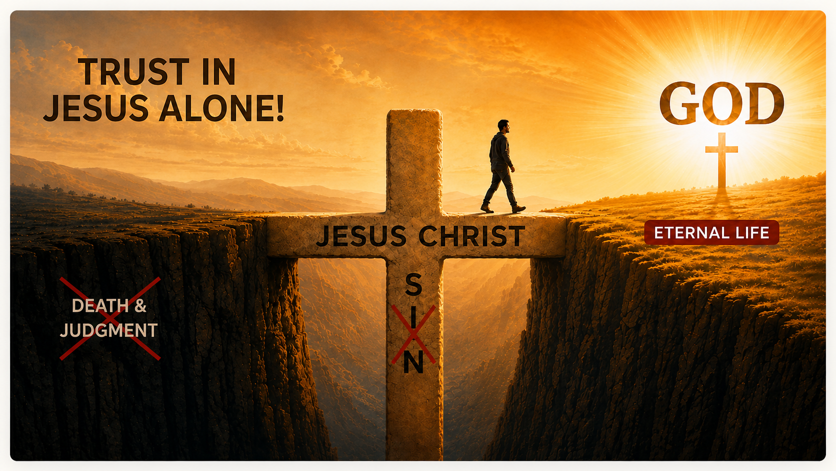 A Gospel diagram showing a person trusting in Jesus alone and crossing from death and judgment toward eternal life.