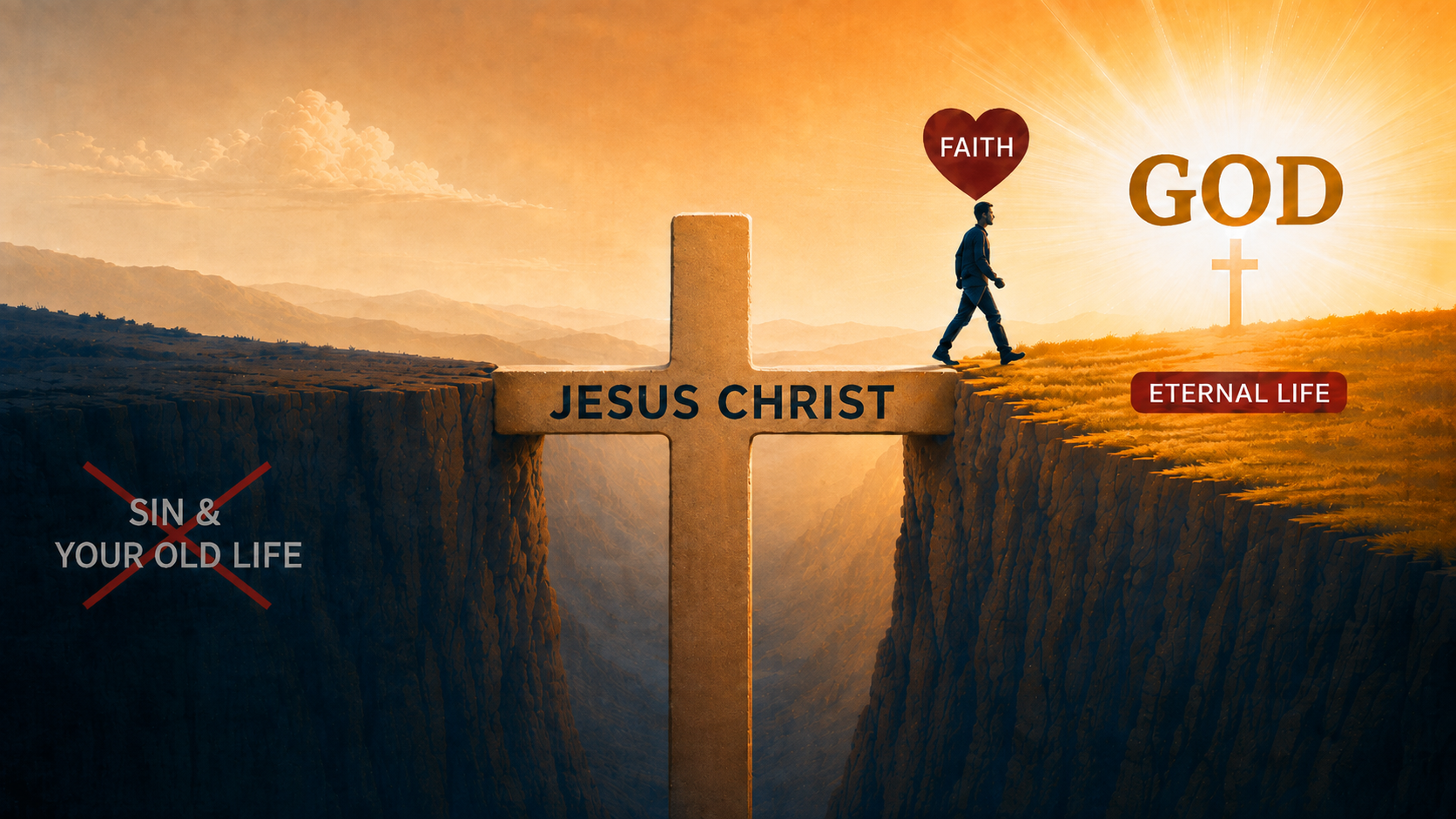 A Gospel diagram showing a person leaving sin and the old life behind and crossing to eternal life through Jesus Christ by faith.